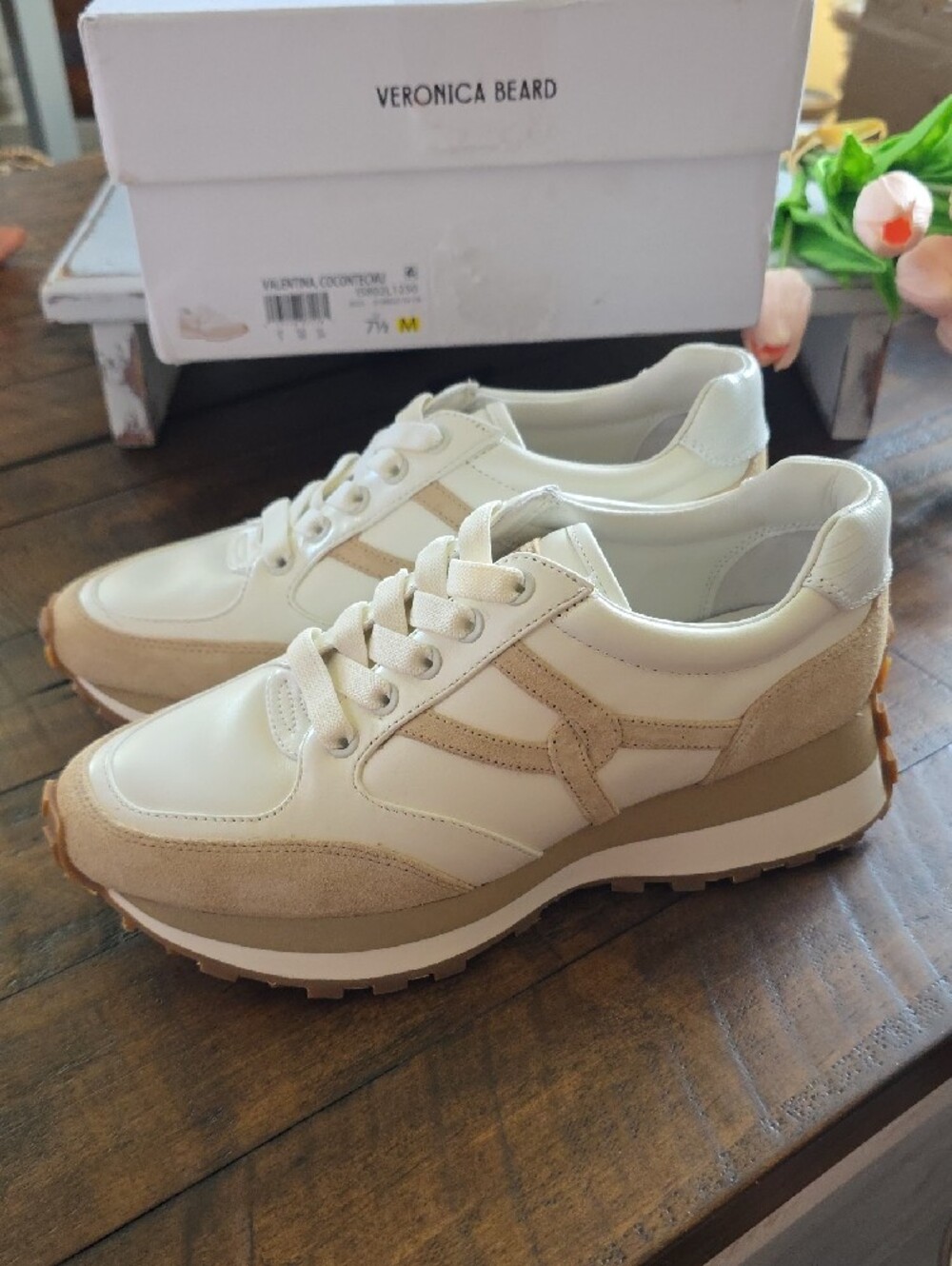 Veronica Beard Cream and Beige Suede-Trim Low-Top Sneakers